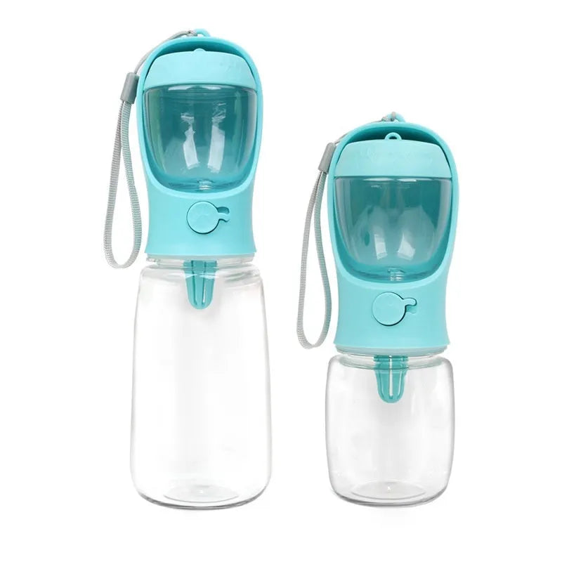 Portable dual-use dog drinking cup showing water dispenser and separate grain bowl compartment