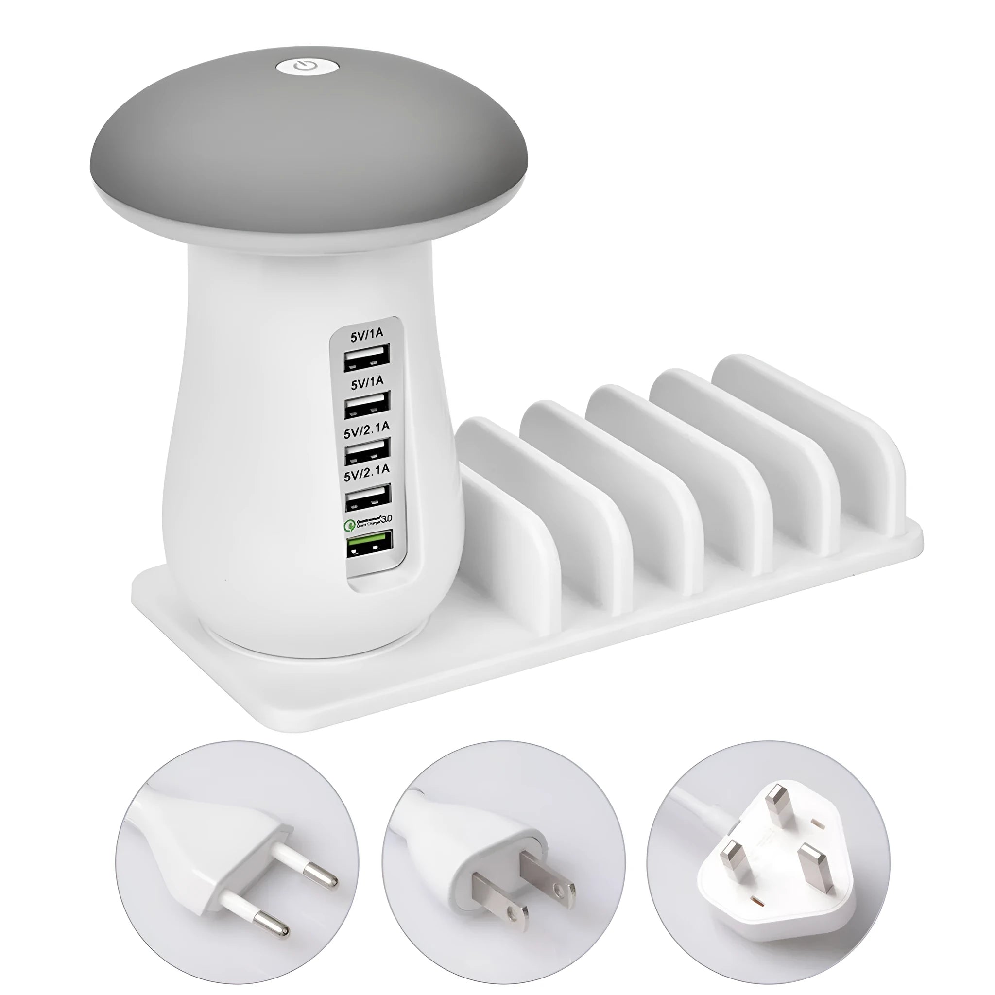 White mushroom-shaped USB charging dock station with five ports and a glowing LED light on a desk.