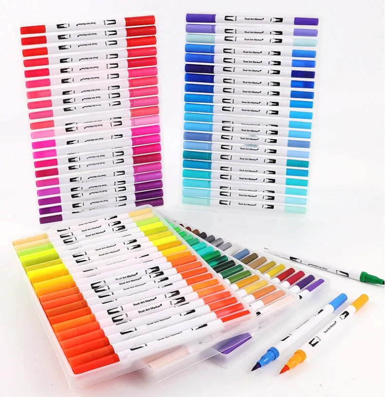 Set of watercolour pens in various colours arranged in a case, showing plastic barrels and fine tips.