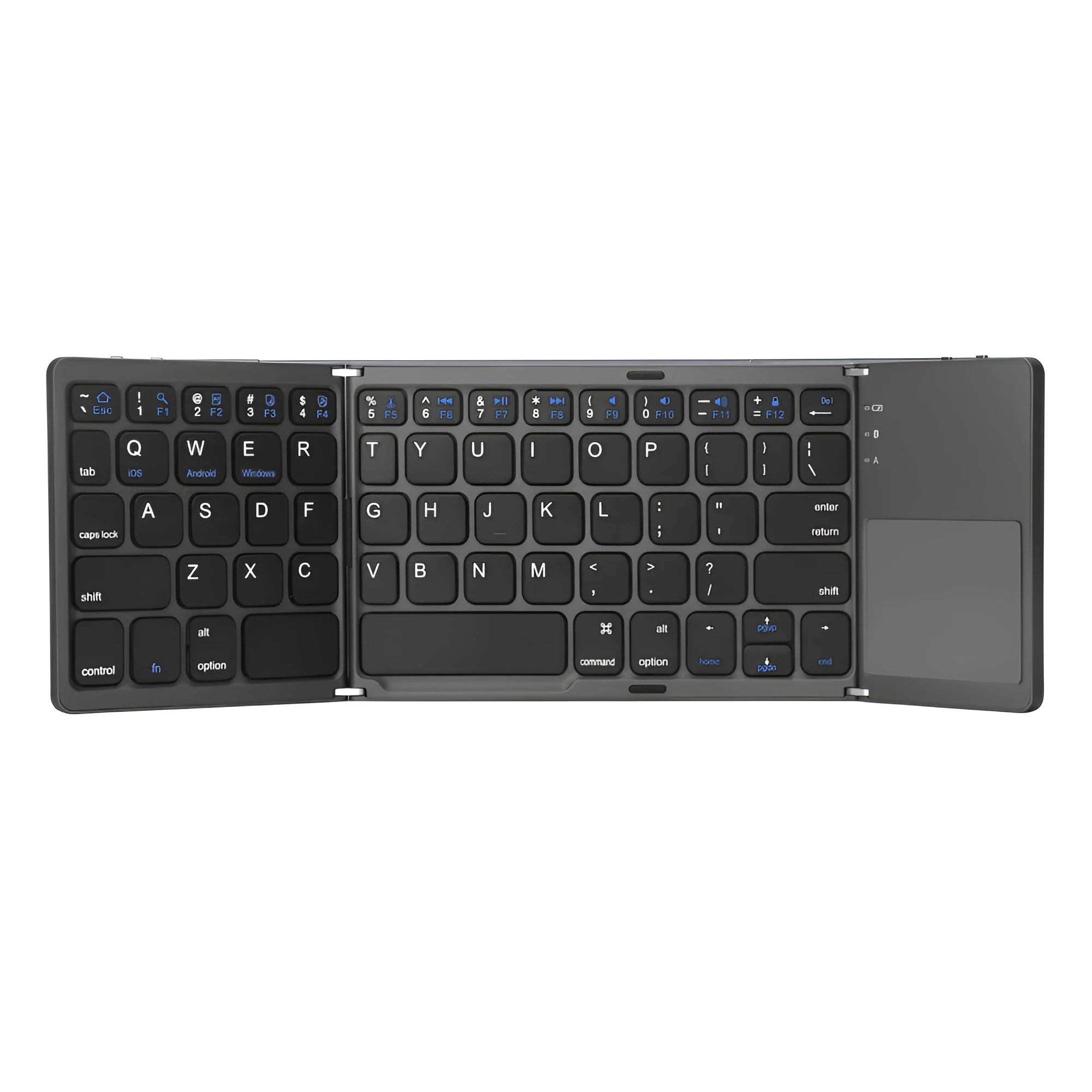 Black tri-fold folding Bluetooth keyboard with touchpad shown unfolded and folded