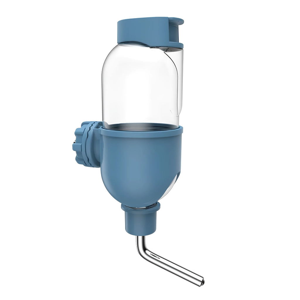 Blue small animal cage water bottle with rotatable nozzle mounted on metal bars