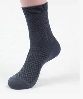 Men's bamboo fibre business socks with small square pattern in five colour options.