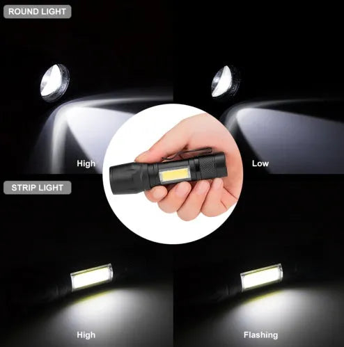 Black aluminium telescopic LED flashlight with pocket clip, shown zoomed in and out.