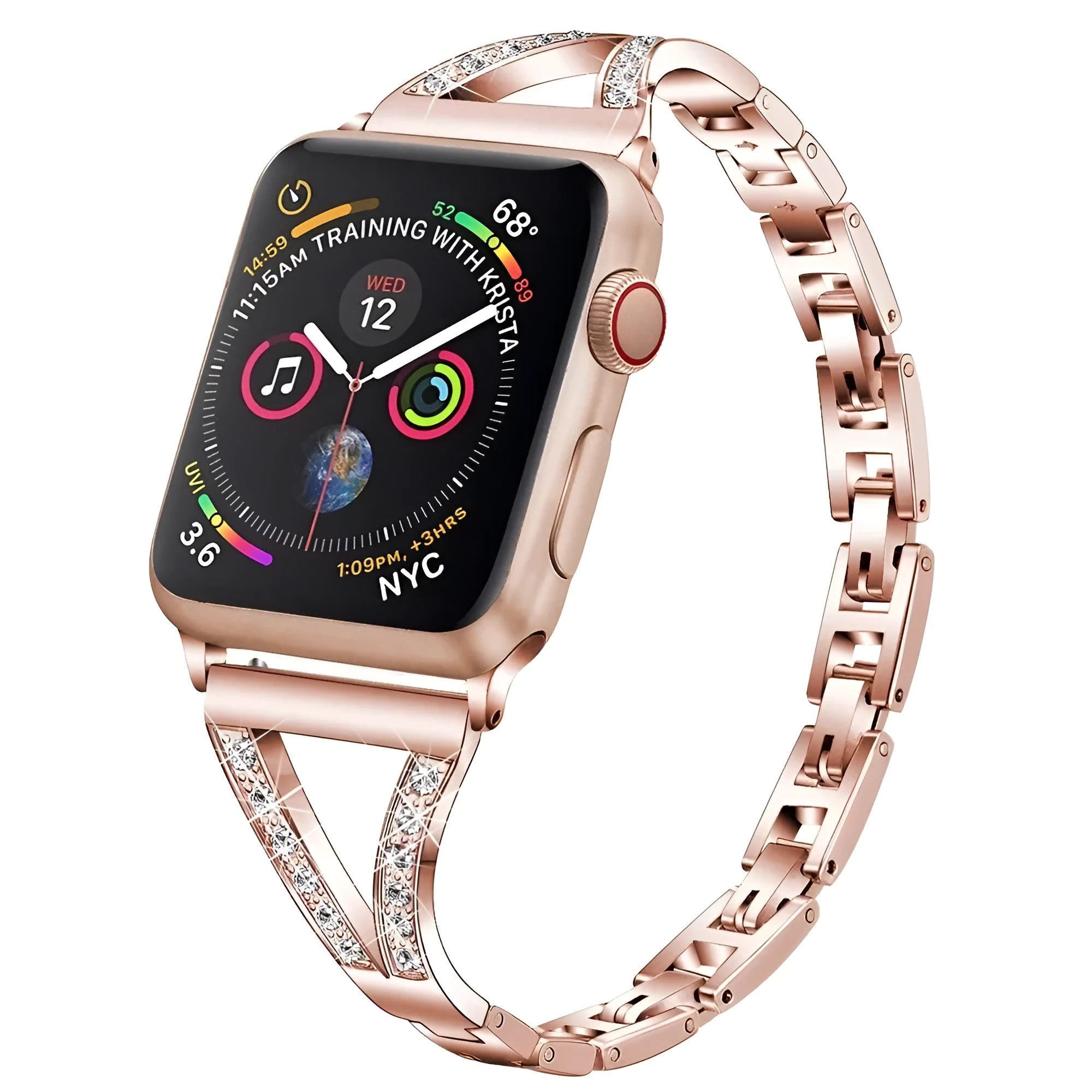 Stainless steel Apple Watch strap with diamond studs in gold metal finish