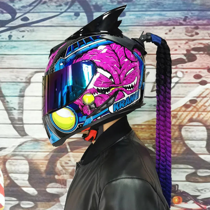 Couples' Dirty Braids graphic full face motorcycle helmet in ABS plastic on a white background.