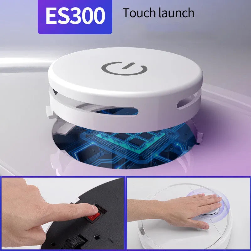 Automatic sweeping robot on a hard floor, showing compact square design.