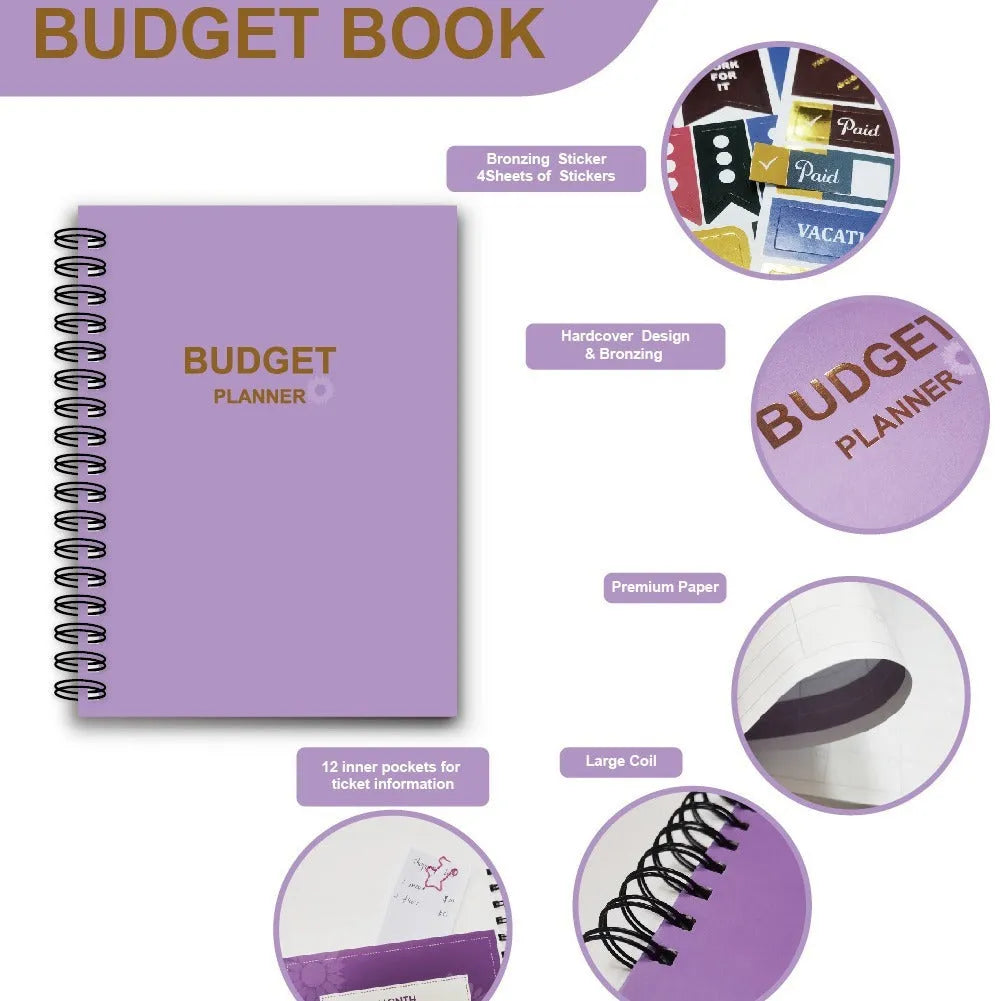 Purple coil-bound budget notebook open showing monthly planning pages with financial stickers and paper clips
