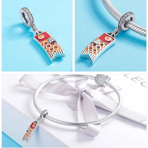 S925 sterling silver carp streamer pendant with zircon stone, 2.8cm tall