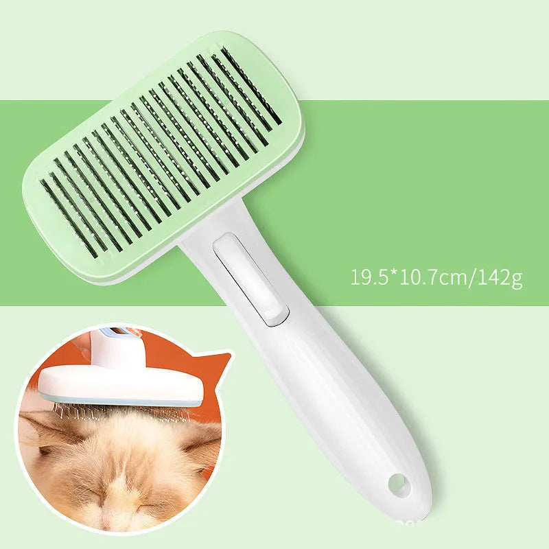 Automatic pet hair removal comb for dogs and cats in blue, grey, green, or pink colour.