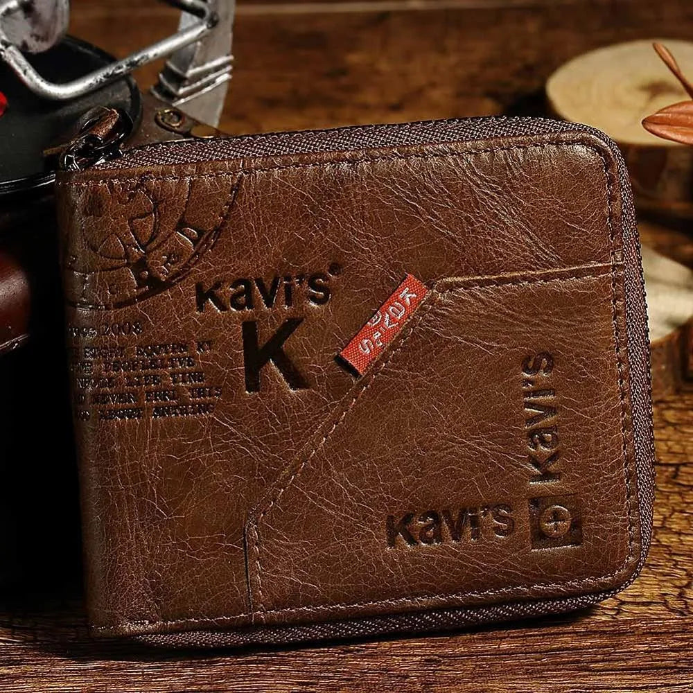Men's brown soft leather vintage wallet with zipper and multiple internal compartments open.