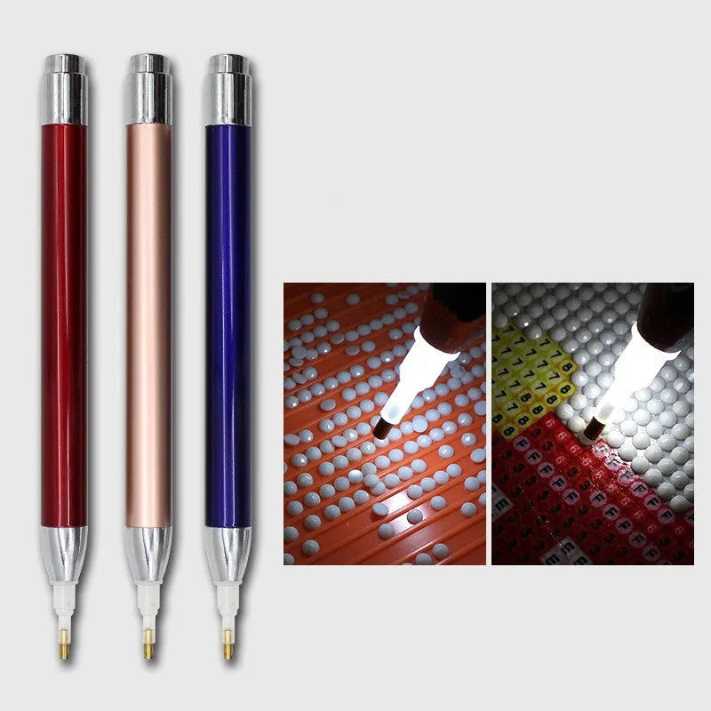Luminous diamond painting drill pen with aluminium alloy construction and metal frame in blue, gold, or red colours