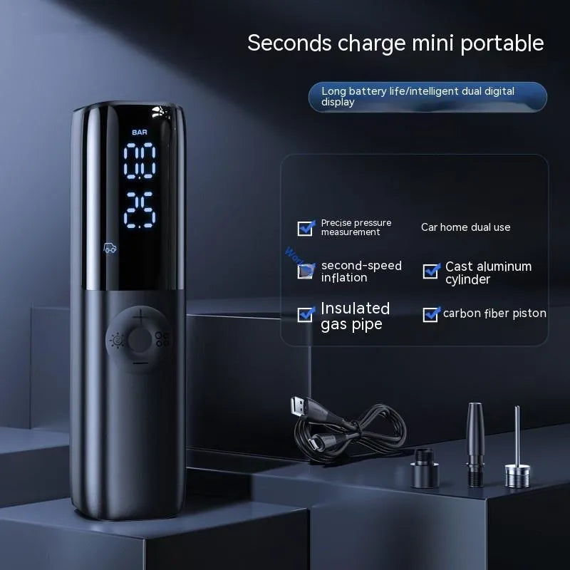 Black portable electric car air pump with tyre pressure gauge and ABS inflation tube
