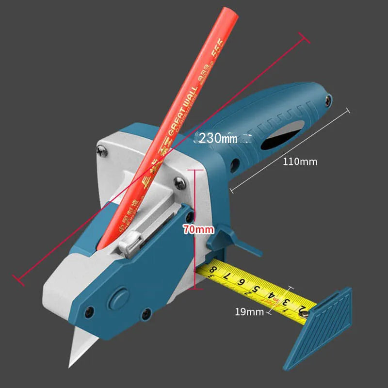 Blue multifunctional woodworking cutter with aluminium blade, TPR handle, and safety lock for dust-free board cutting.
