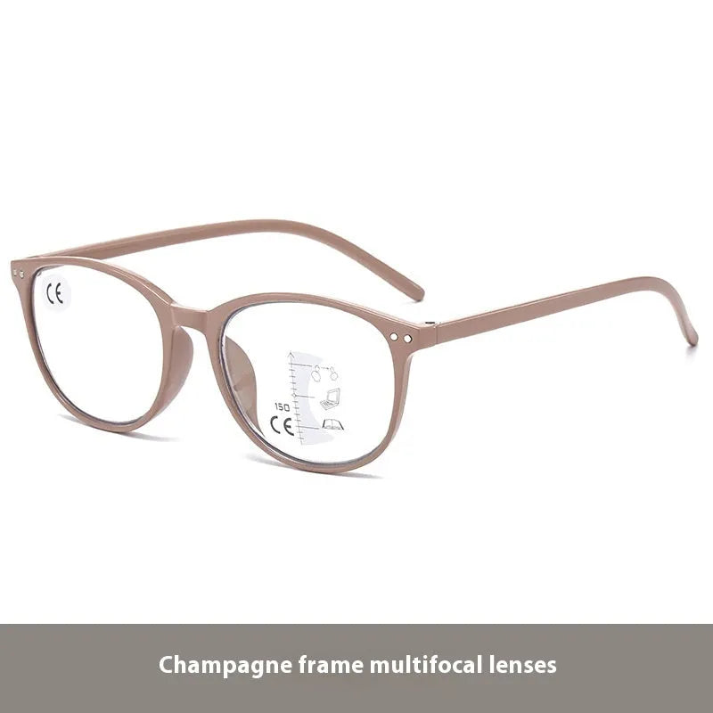 A pair of women's ultra-light multi-focus presbyopic glasses with a choice of frame colours on a plain background.