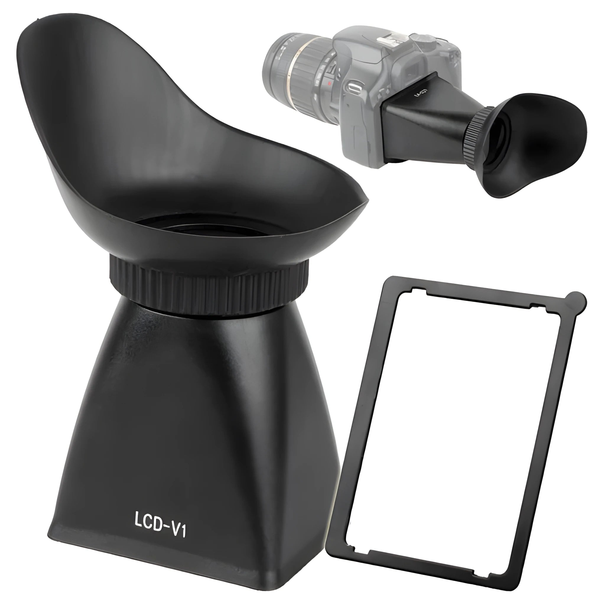 Black camera LCD framing amplifier magnifying a DSLR screen with magnetic mount.