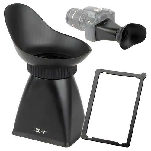 Black camera LCD framing amplifier magnifying a DSLR screen with magnetic mount.