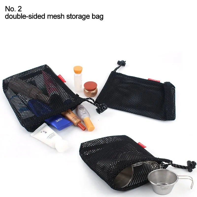 Red five-piece travel toiletry bag set with zipper closures and mesh panels