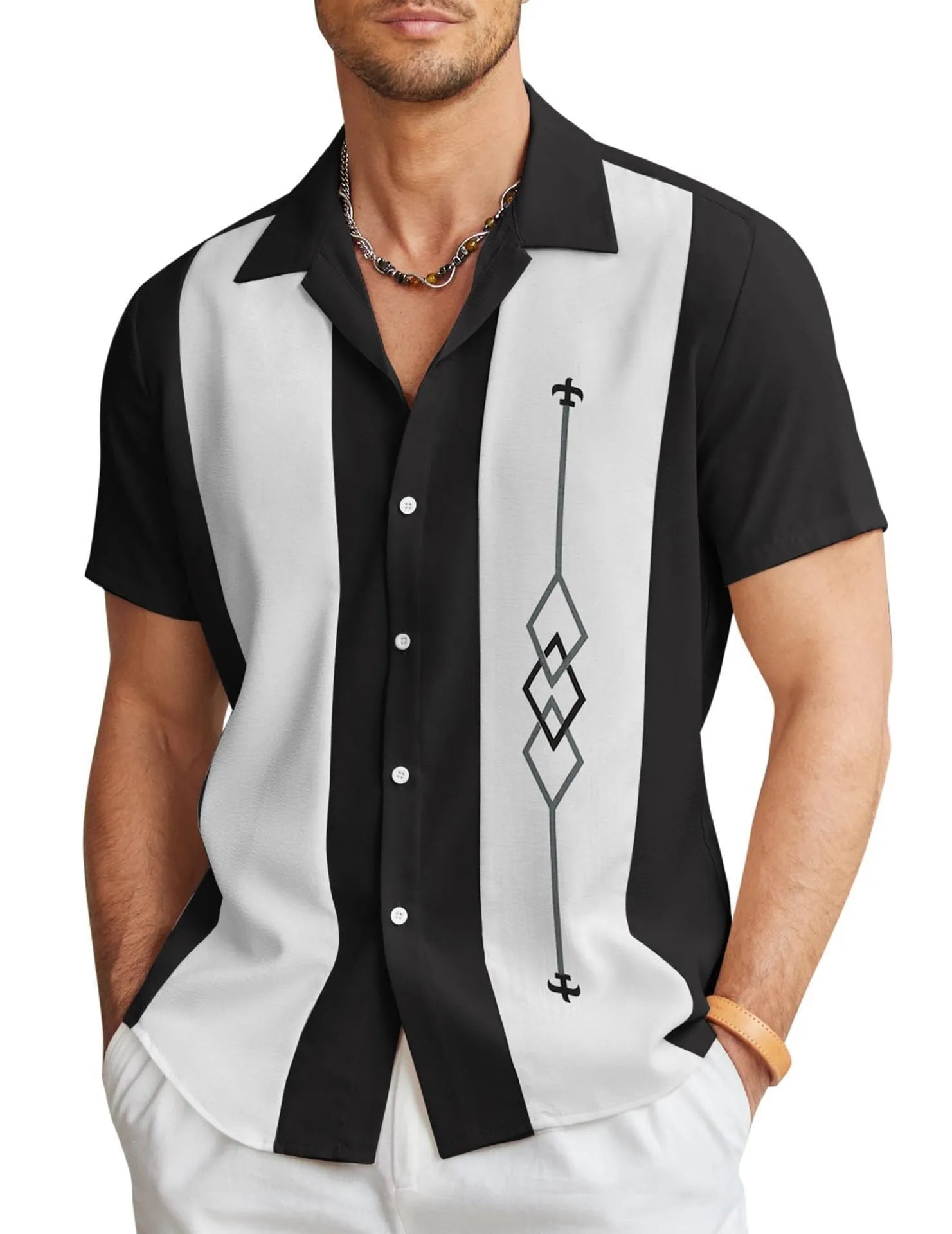 Men's slim fit Hawaiian short sleeve shirt with digital printing on elastic polyester fabric