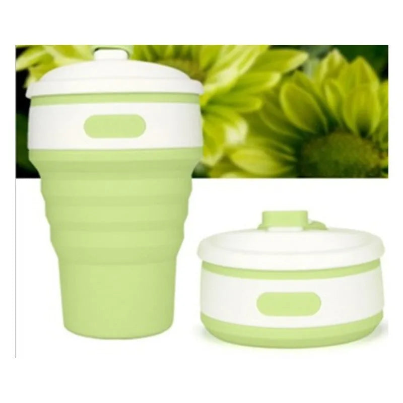 Green collapsible silicone travel cup showing folded and expanded states with leak-proof cover