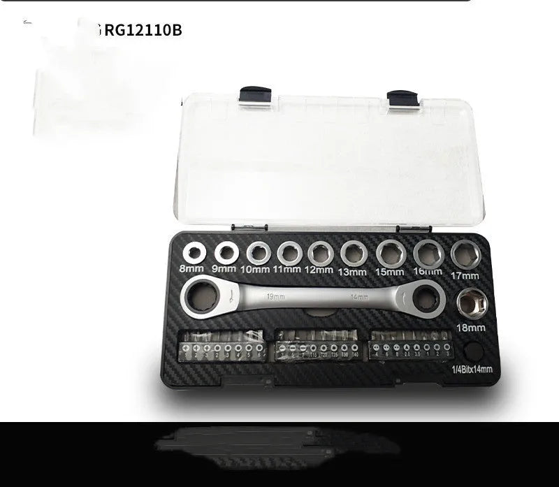 Professional ratchet wrench set with 1/4-inch drive, multiple sockets, and bit heads on a workbench.
