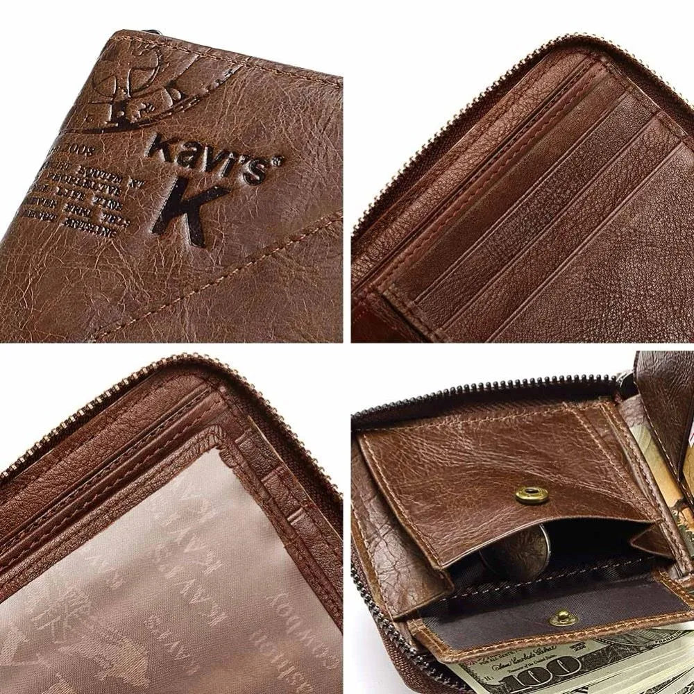 Men's brown soft leather vintage wallet with zipper and multiple internal compartments open.