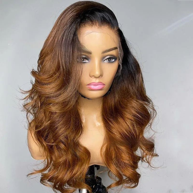 Real human hair Ruili style gradient wig on a stand, showcasing lace front cap construction.