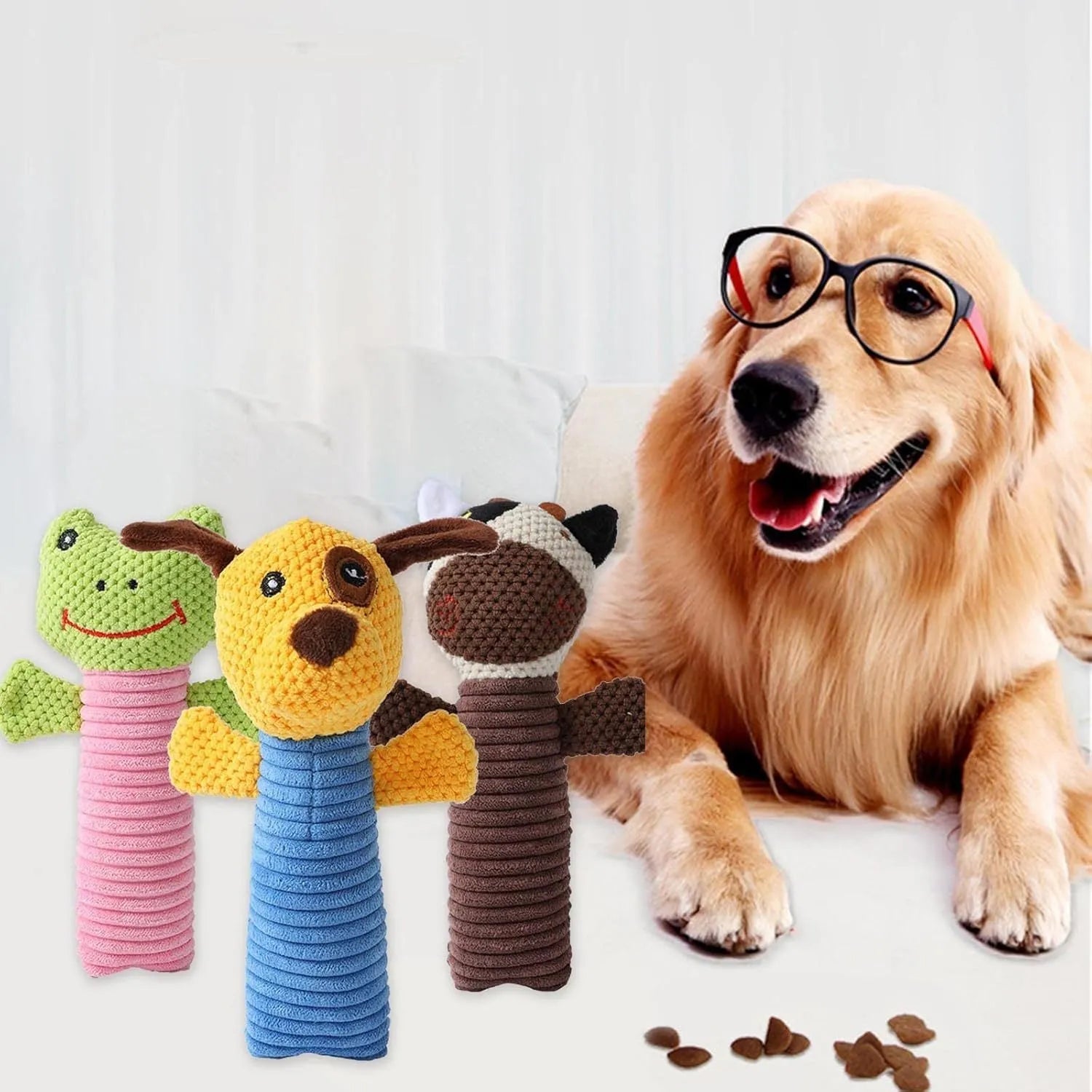 Soft plush dog chew toy in animal shape with squeaker, shown with size scale.