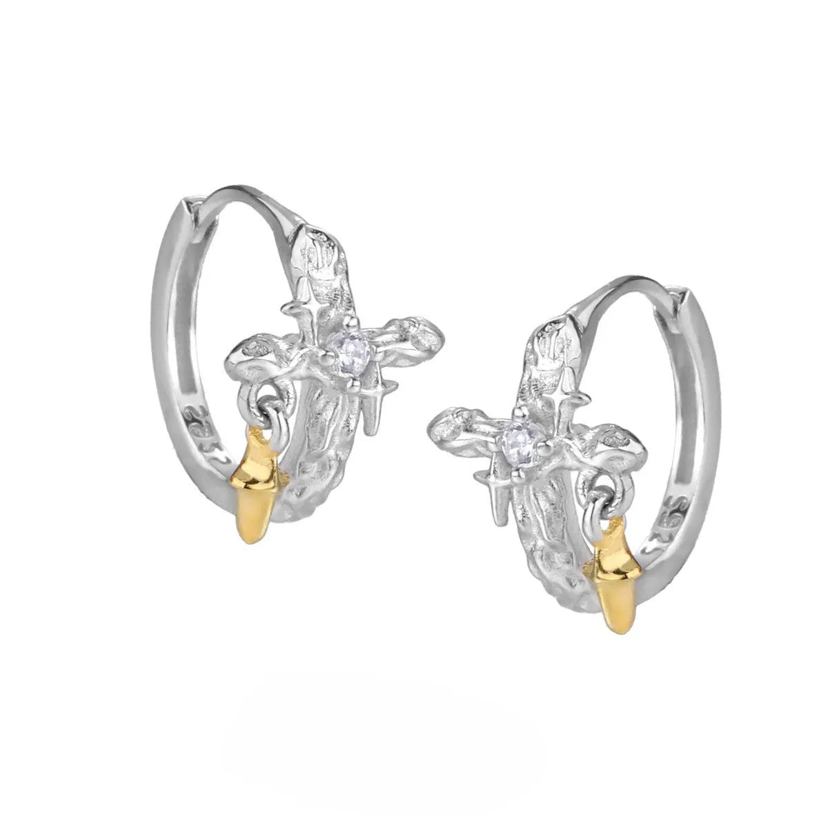 XINGX cross earrings in 925 silver with geometric circular design and white gold colour finish