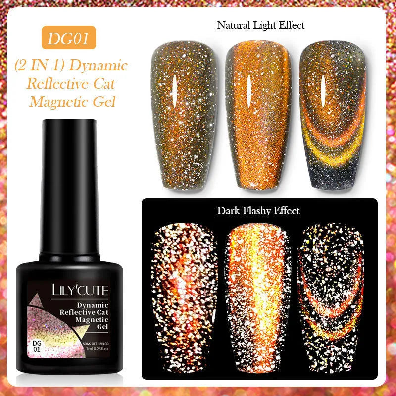 Cat Eye Series UV Gel Nail Polish bottles showing six fluorescent colours with glitter and diamond fragment effects