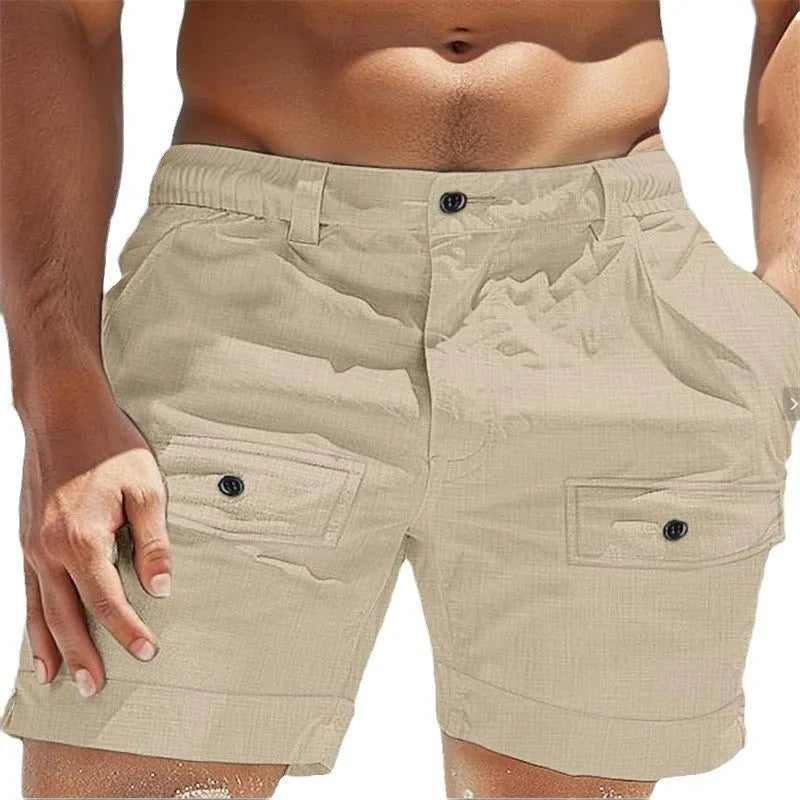 Men's straight cut linen beach shorts with elastic waist and button pockets in white colour