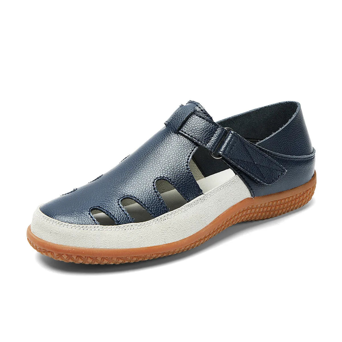 Plus size women's flat sandals in blue with hollow toe cap and thick rubber sole