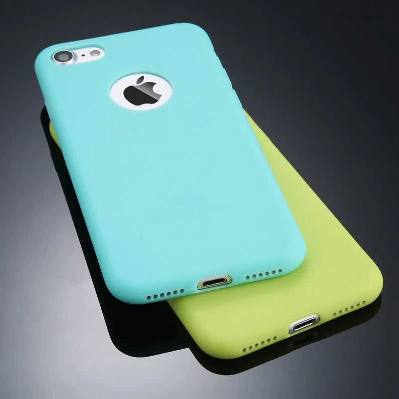 Soft silicone iPhone case in candy colours showing front and back views on iPhone model