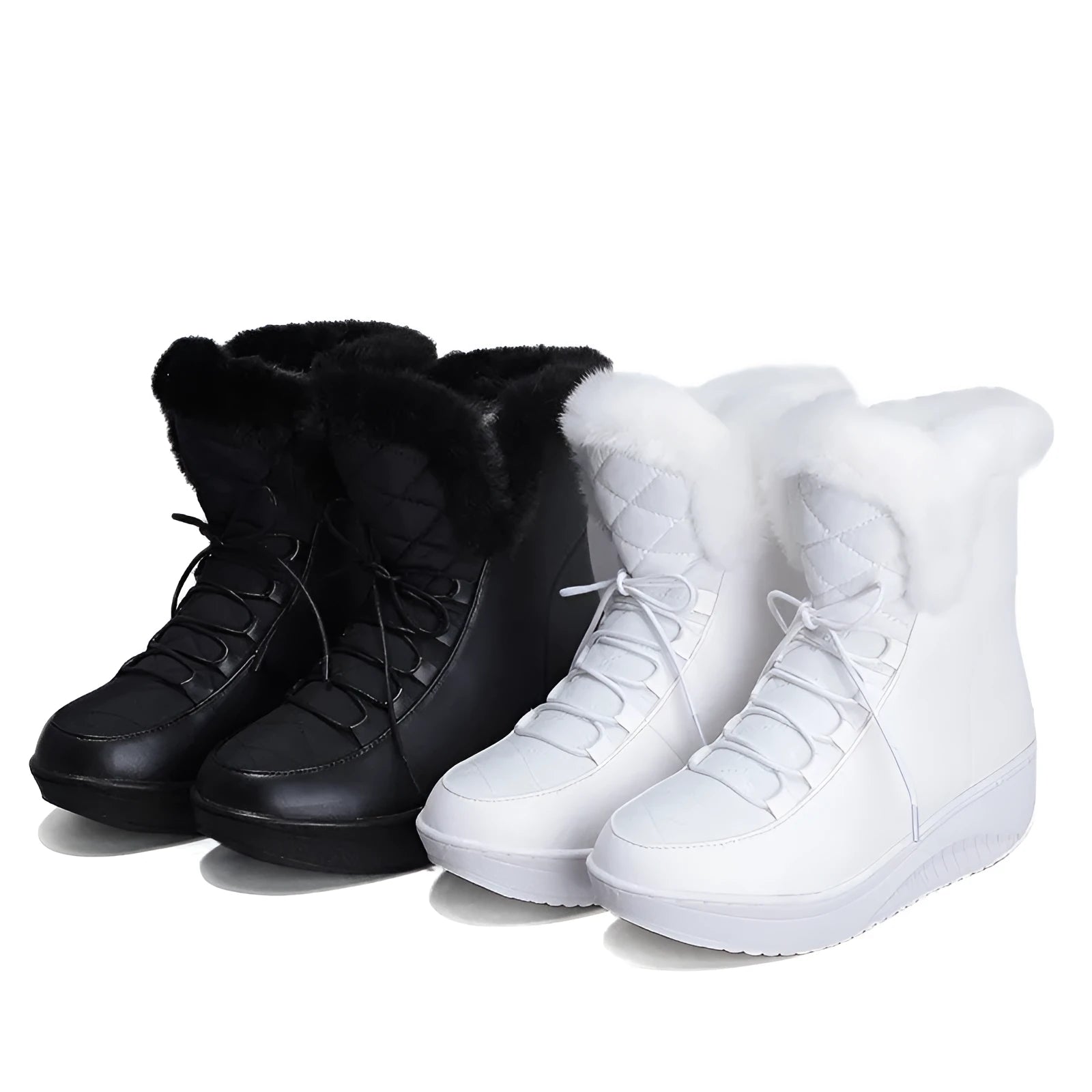Women's black winter boots with lace-up front, platform heel and plush lining