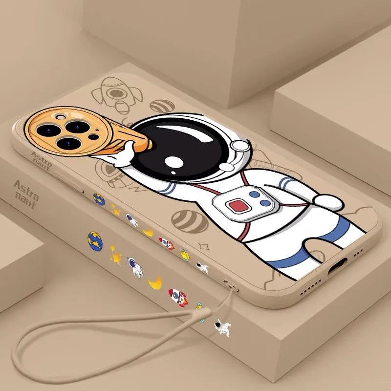 Silicone iPhone case with cartoon astronaut and starry sky design in classic black.
