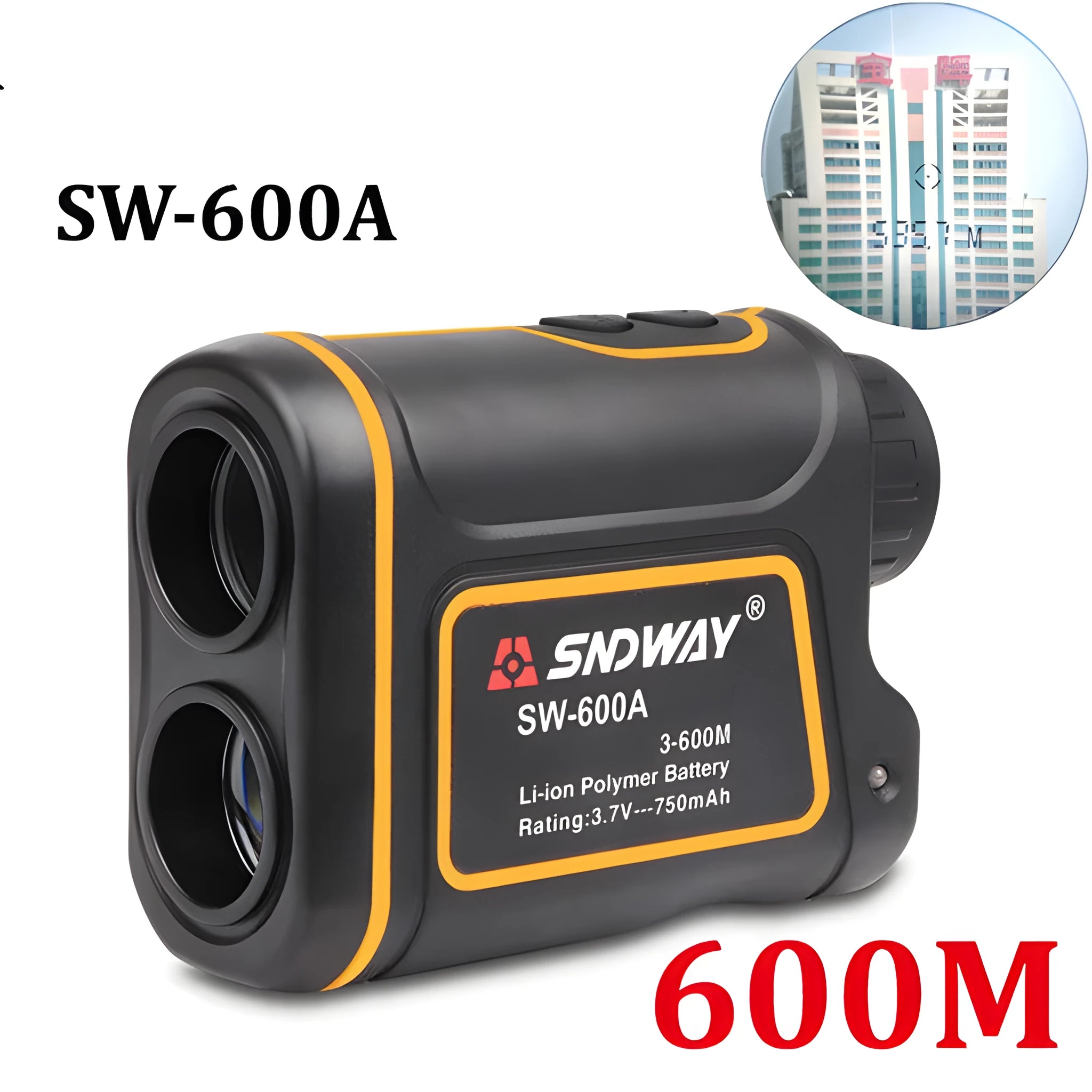 Handheld golf rangefinder device showing compact design with measurement display
