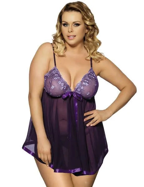 Plus size women's black lace and mesh lingerie sling dress on a hanger.