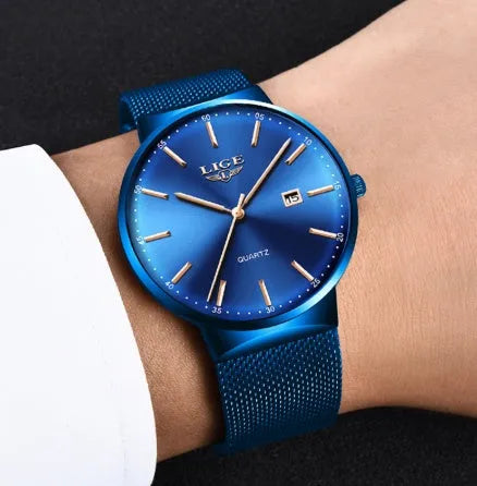 Stainless steel men's watch with 40mm dial, shown in black, blue, and black/blue colour variations.