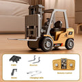 1:64 scale alloy remote control forklift with cargo forks and pallet on wooden surface