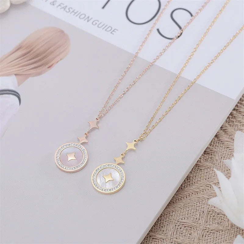 Women's titanium steel necklace with six-pointed star pendant on O-ring chain in gold colour
