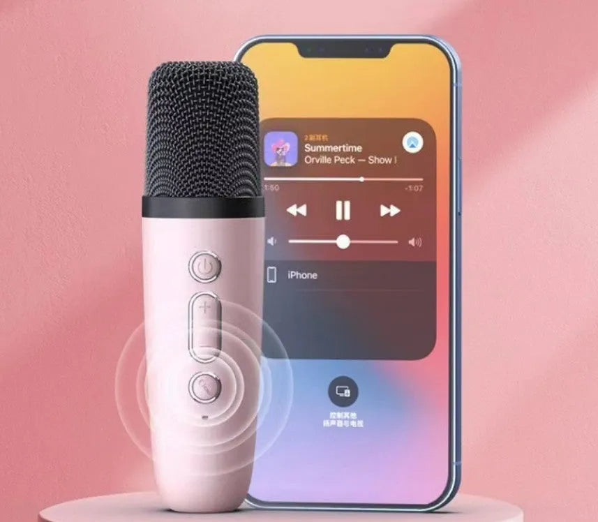Portable Bluetooth speaker microphone with coloured LED lights in pink, white or sky blue colour options