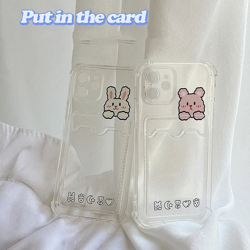 Cartoon design transparent TPU iPhone case with built-in card holder slot on the back.