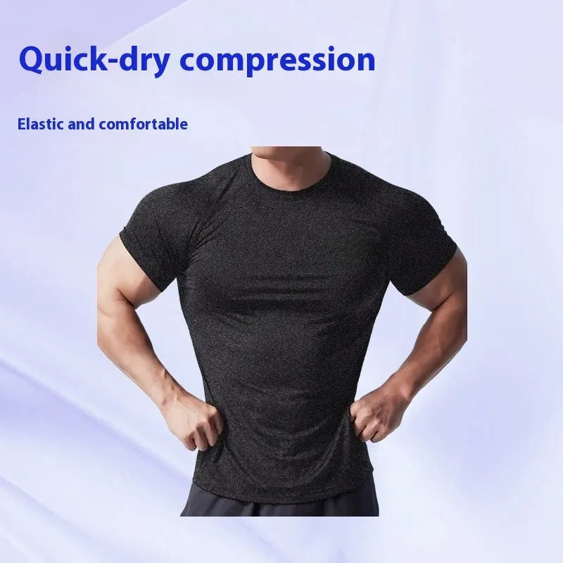 Men's tight stretch quick-drying round neck short sleeve t-shirt in chemical fibre polyester blend