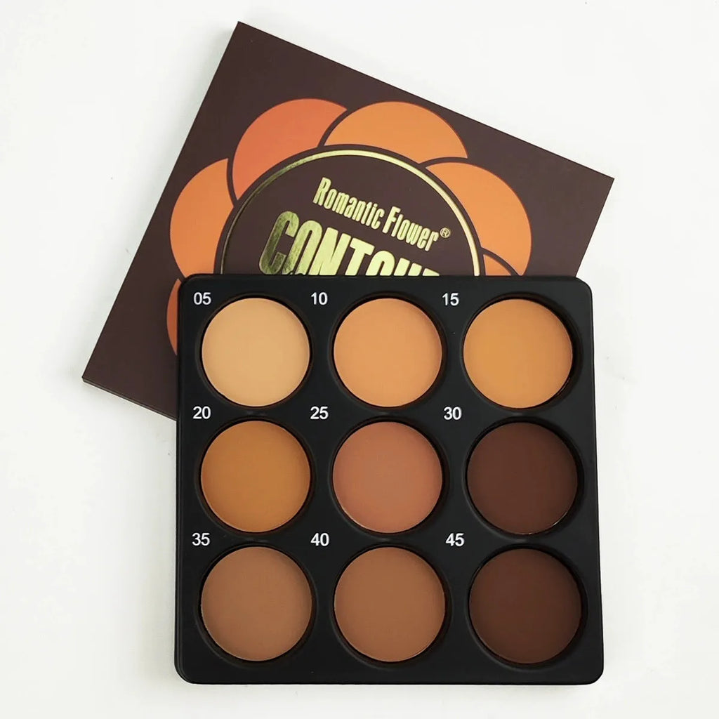 Dark matte makeup palette with 9 waterproof colours for eyes cheeks and contour applications