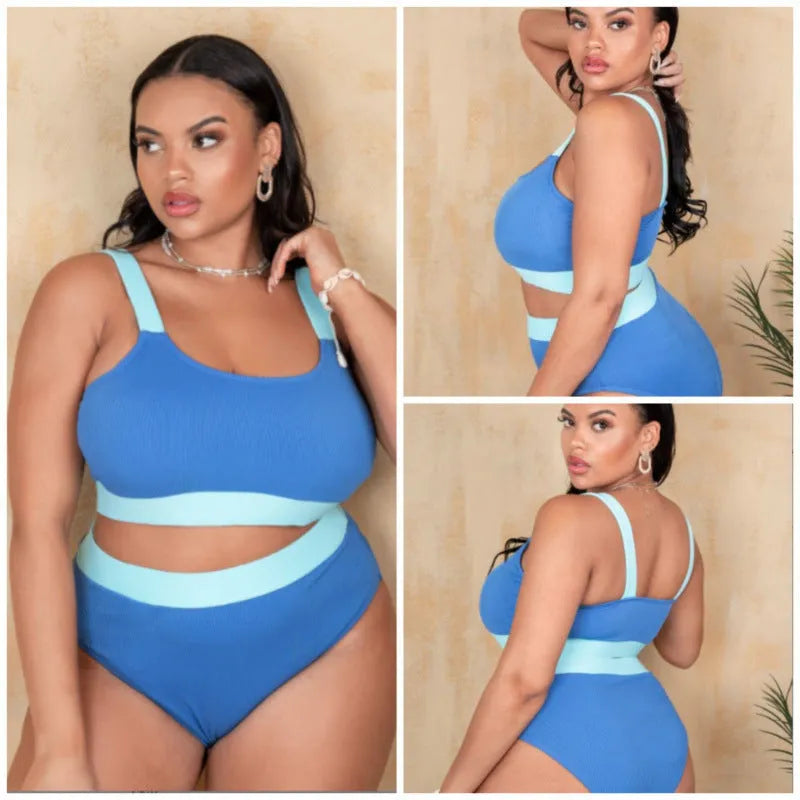 Solid colour high waist women's bikini swimsuit in polyester fabric on a model.