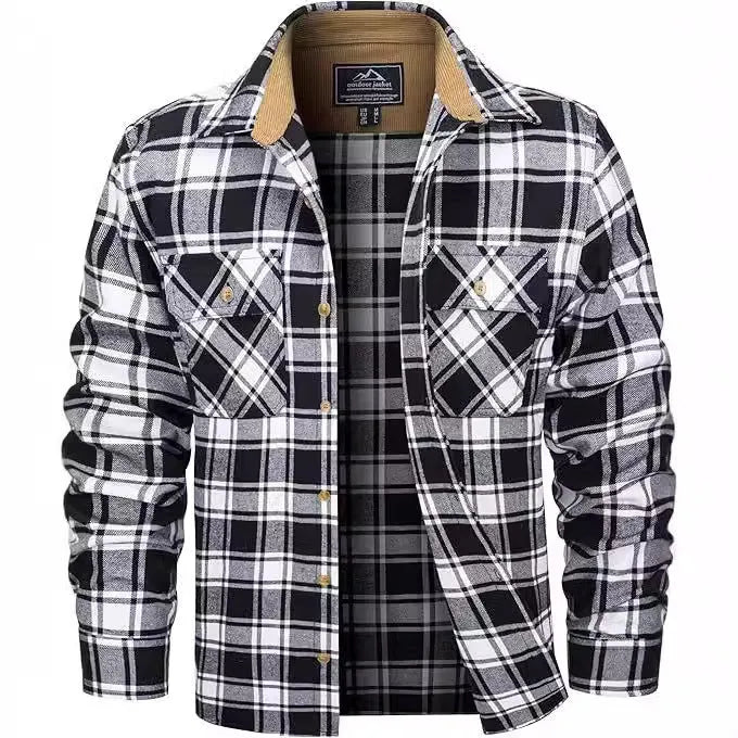 Men's plaid flannel casual button shirt in cardigan style for autumn and winter wear
