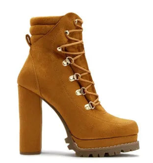 Women's suede ankle boots with a thick high heel and platform sole in four colour choices.