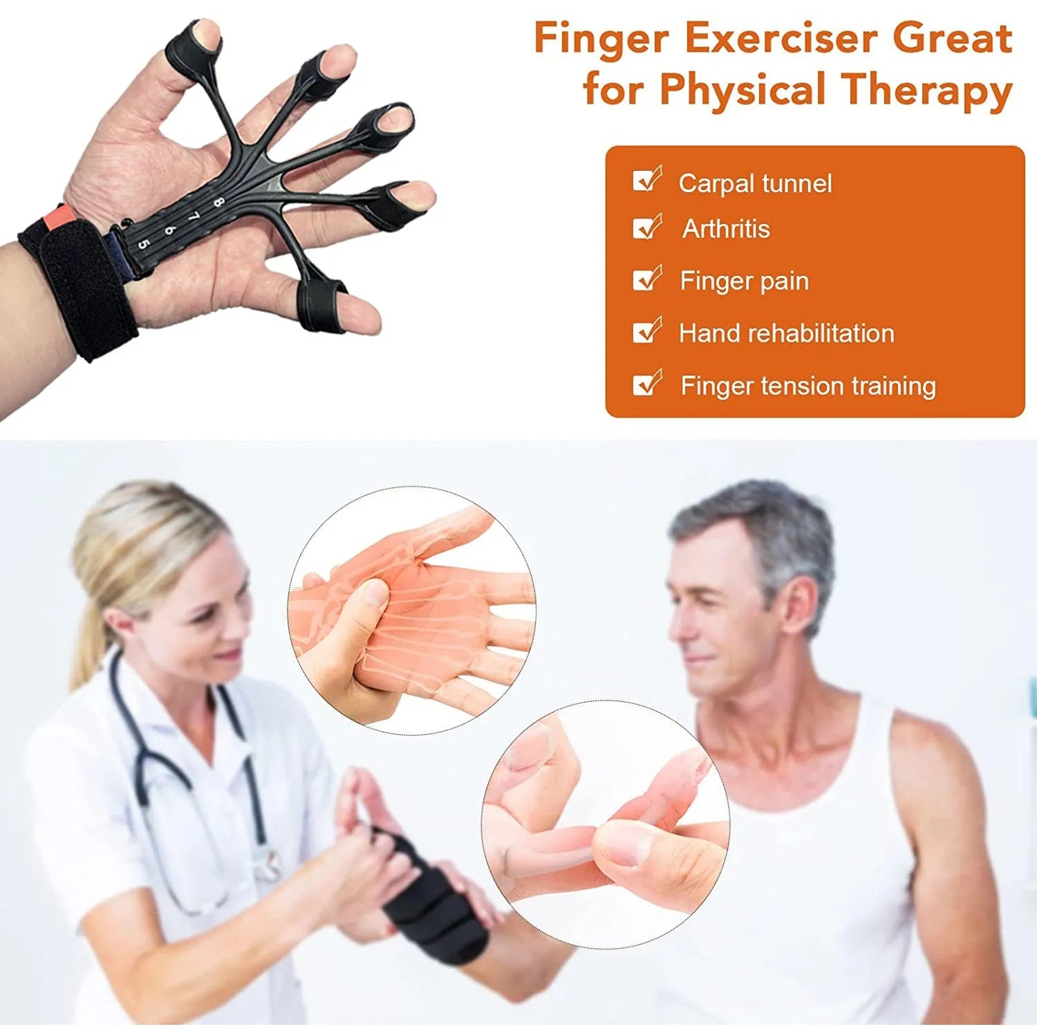 Black or grey silicone finger flexion and extension trainer with adjusting belt for adult hand rehabilitation