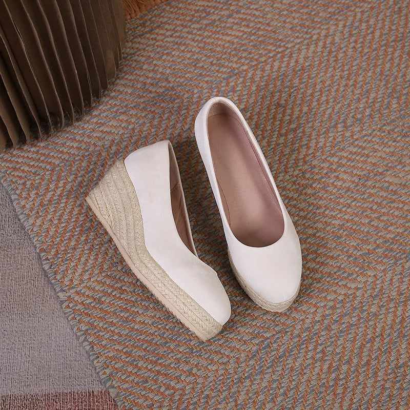 Women's apricot wedge high heel pumps with shallow mouth, rope detail, and thick sole.