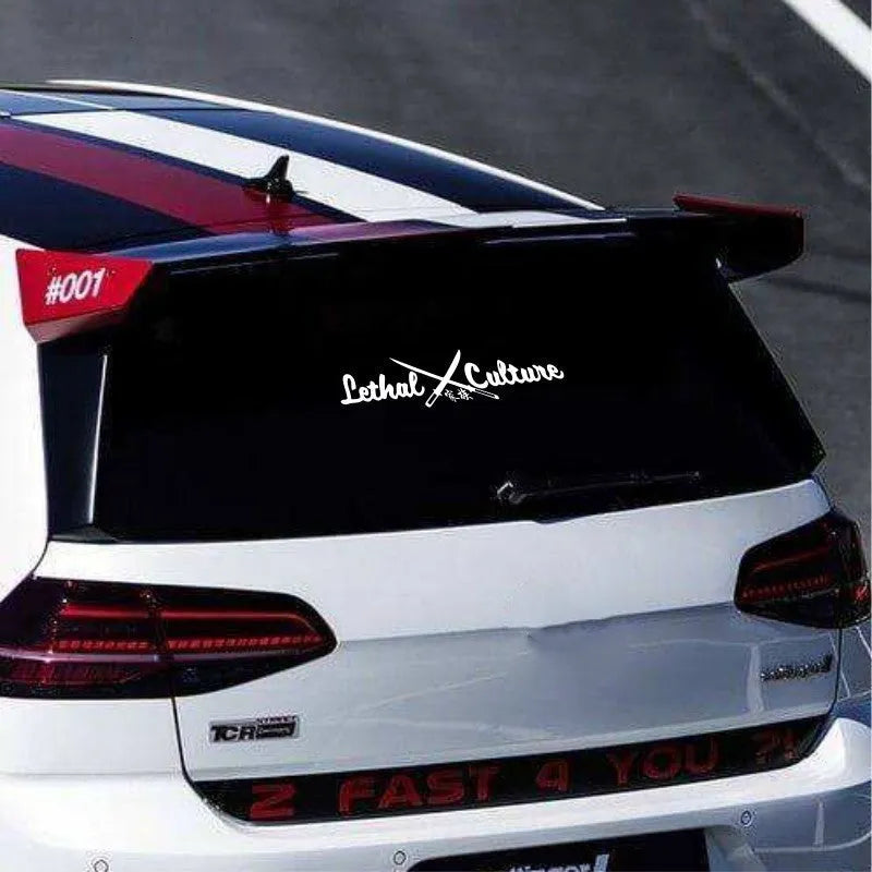 Yellow and white vinyl family lettering sticker for car rear windshield in two size options.