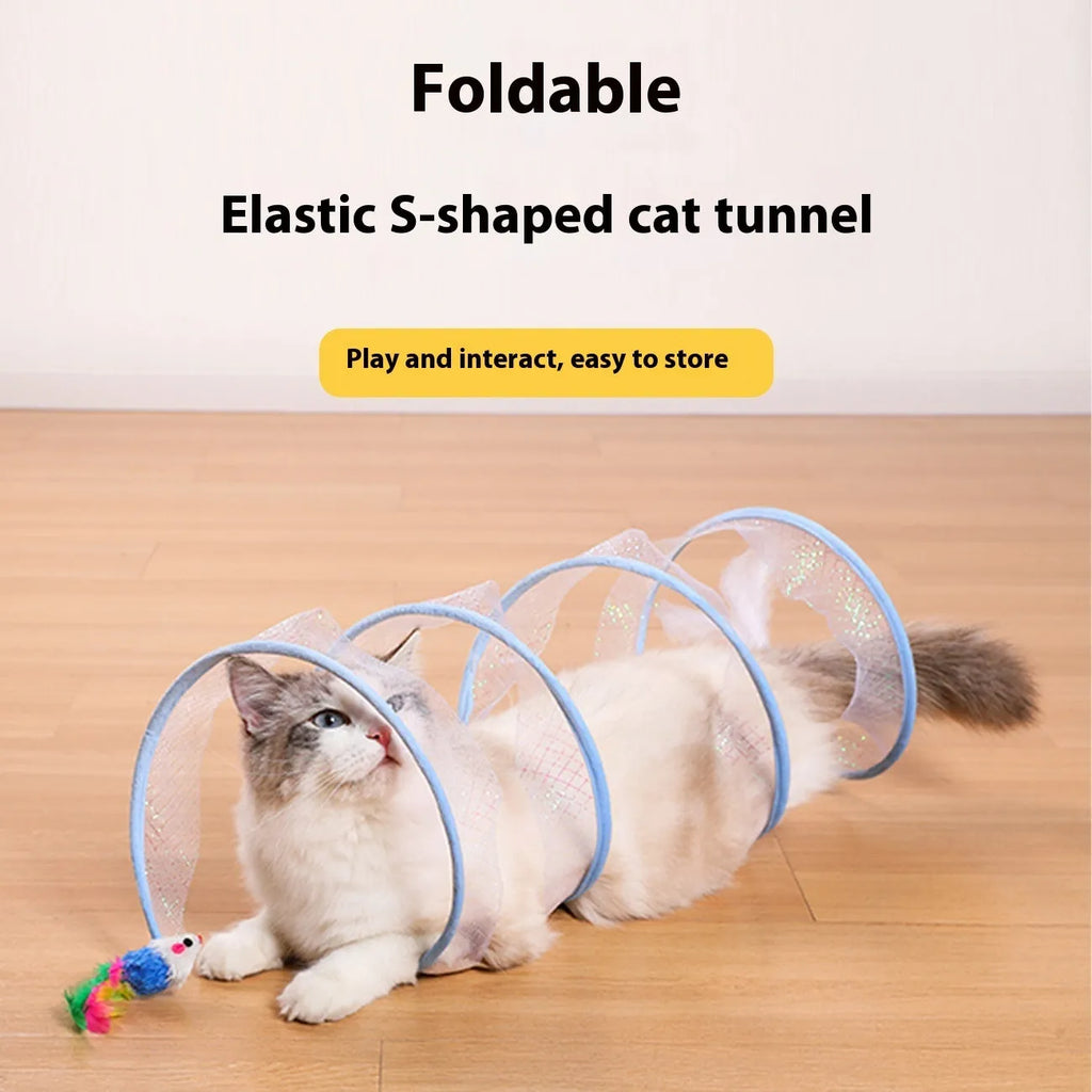 S-shaped foldable cat tunnel toy with feather attachments on elastic netting